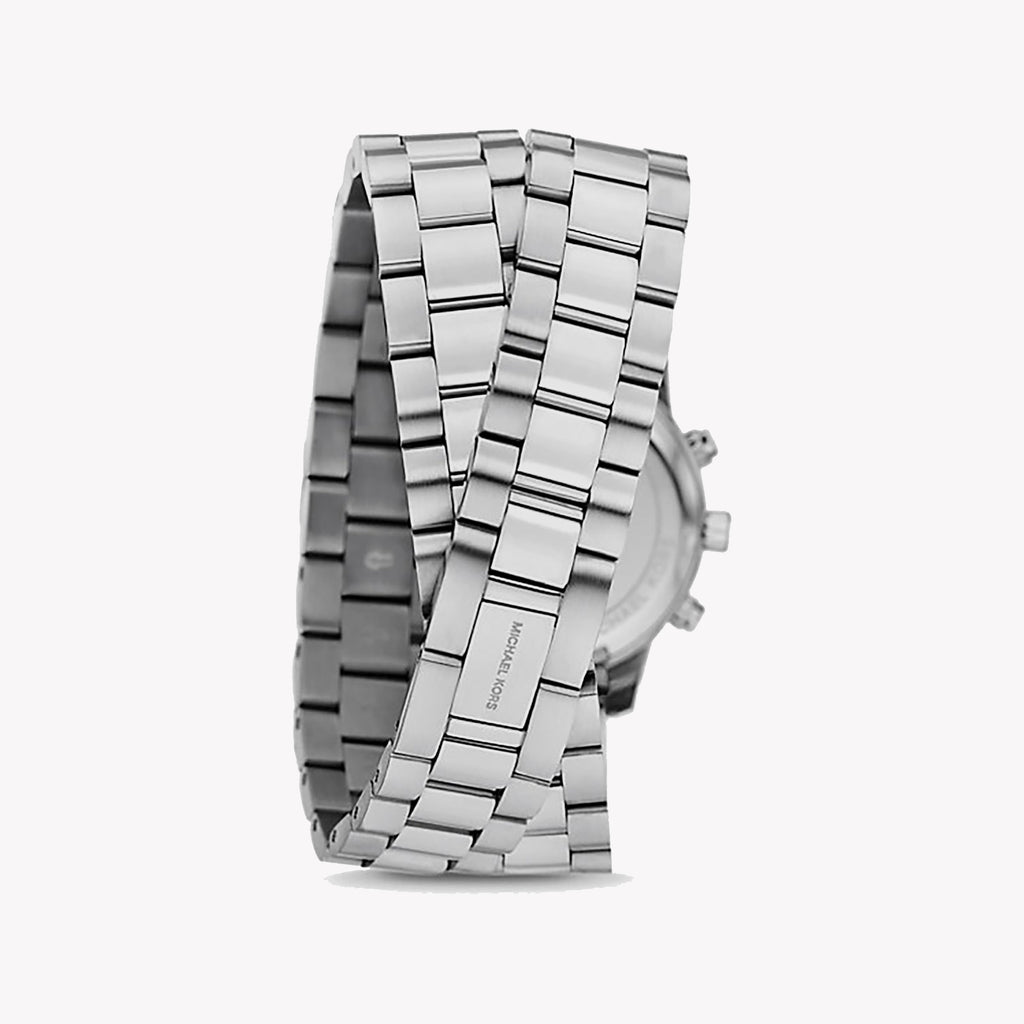 Angled view of Michael Kors Runway chronograph watch with layered wrap bracelets