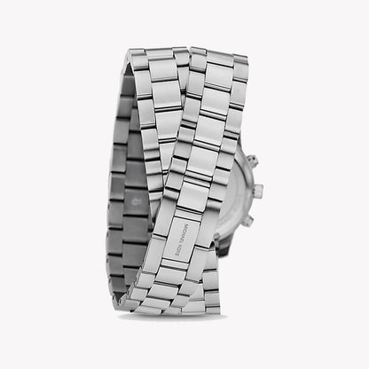 Angled view of Michael Kors Runway chronograph watch with layered wrap bracelets