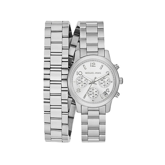 Michael Kors Runway Chronograph silver chronograph watch with dual wrap bracelets and white dial