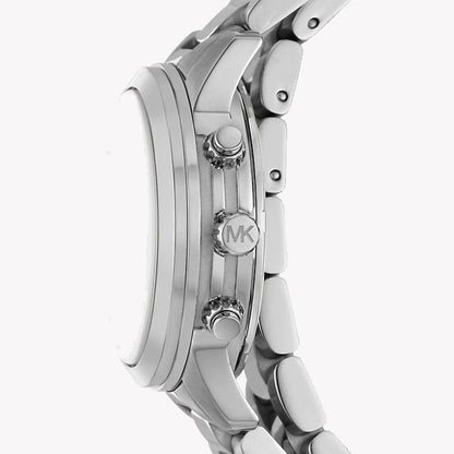 Side profile of Michael Kors Runway watch showing case depth and stainless steel band