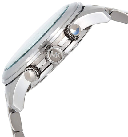 Side angle view of Michael Kors Runway chronograph watch showing silver-tone case and chronograph pushers