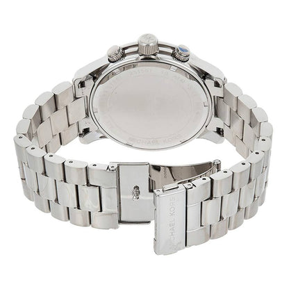 Back view of Michael Kors Runway chronograph watch showing stainless steel case back and bracelet