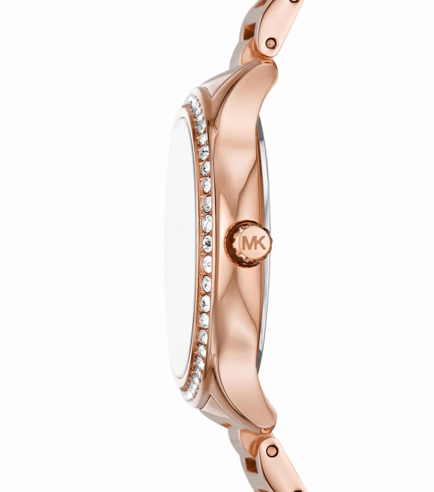Michael Kors Sage MK4806 side view showing rose gold case with crystal-set bezel
