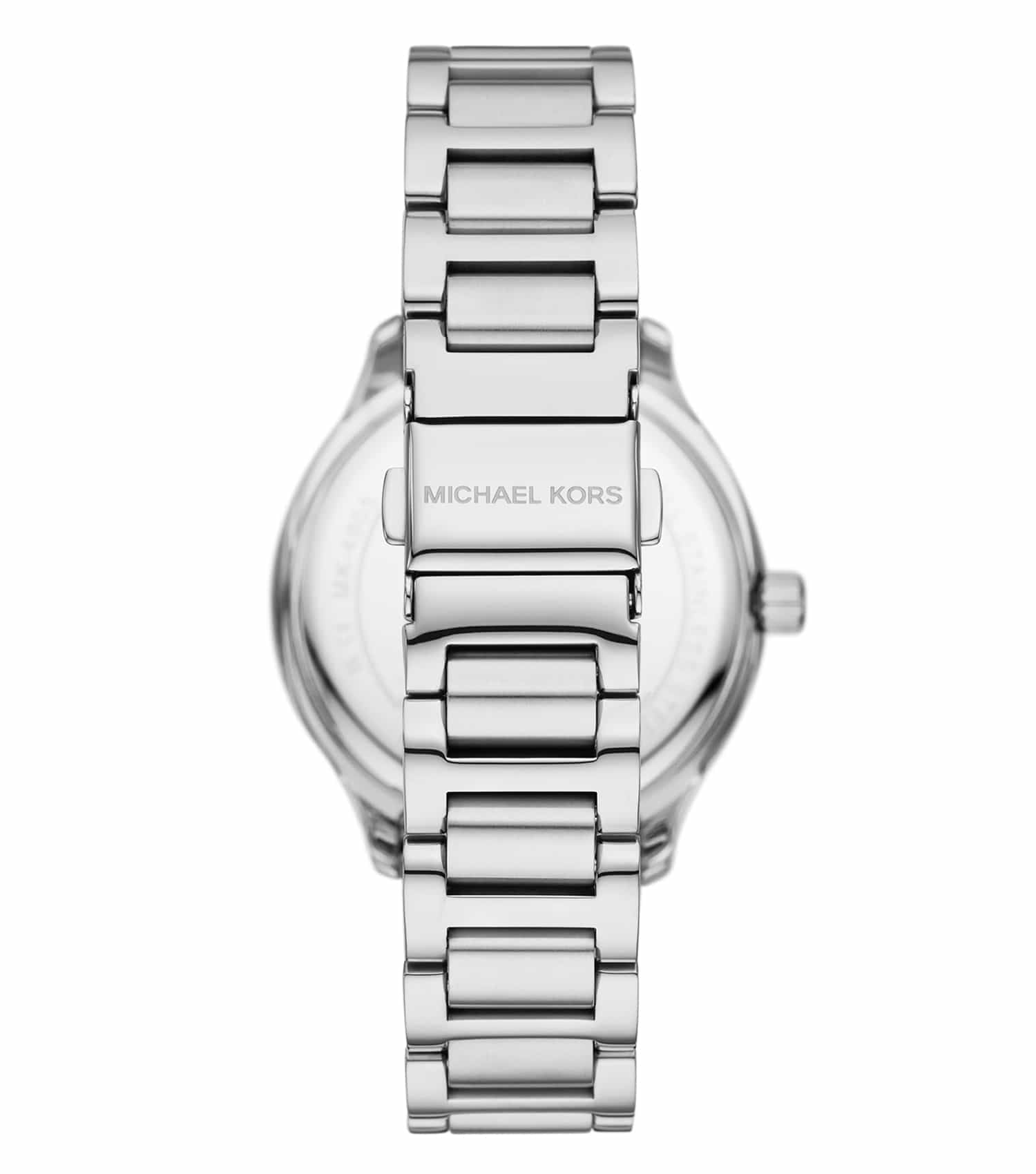 Back view of Michael Kors Sage watch with silver-tone metal bracelet and case back