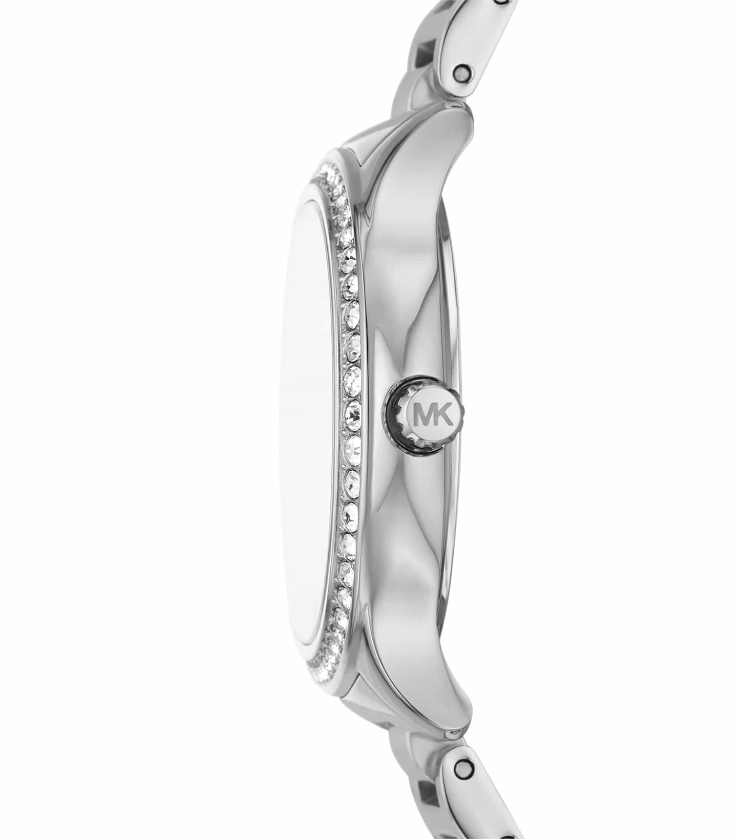 Side view of Michael Kors Sage watch showing crystal pavé bezel and slim profile