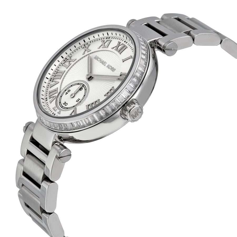Michael Kors Skylar MK5866 silver watch at angle showing bezel and bracelet