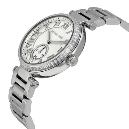 Michael Kors Skylar MK5866 silver watch at angle showing bezel and bracelet
