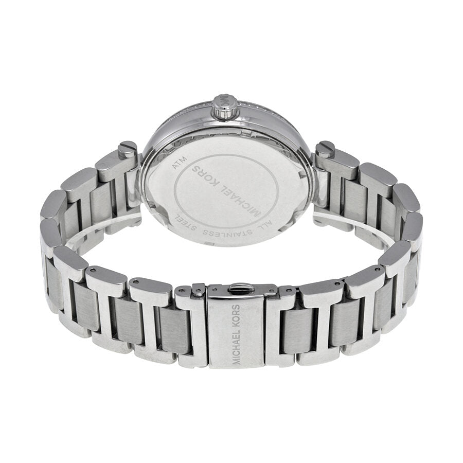 Michael Kors Skylar MK5866 caseback showing stainless steel link bracelet