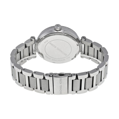 Michael Kors Skylar MK5866 caseback showing stainless steel link bracelet