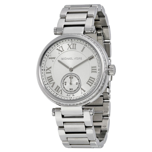Michael Kors Skylar MK5866 silver women's watch with roman numeral dial and link bracelet