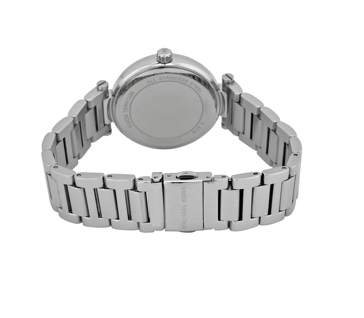 Back view of Michael Kors Skylar watch showing stainless steel caseback and bracelet