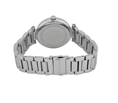 Back view of Michael Kors Skylar watch showing stainless steel caseback and bracelet