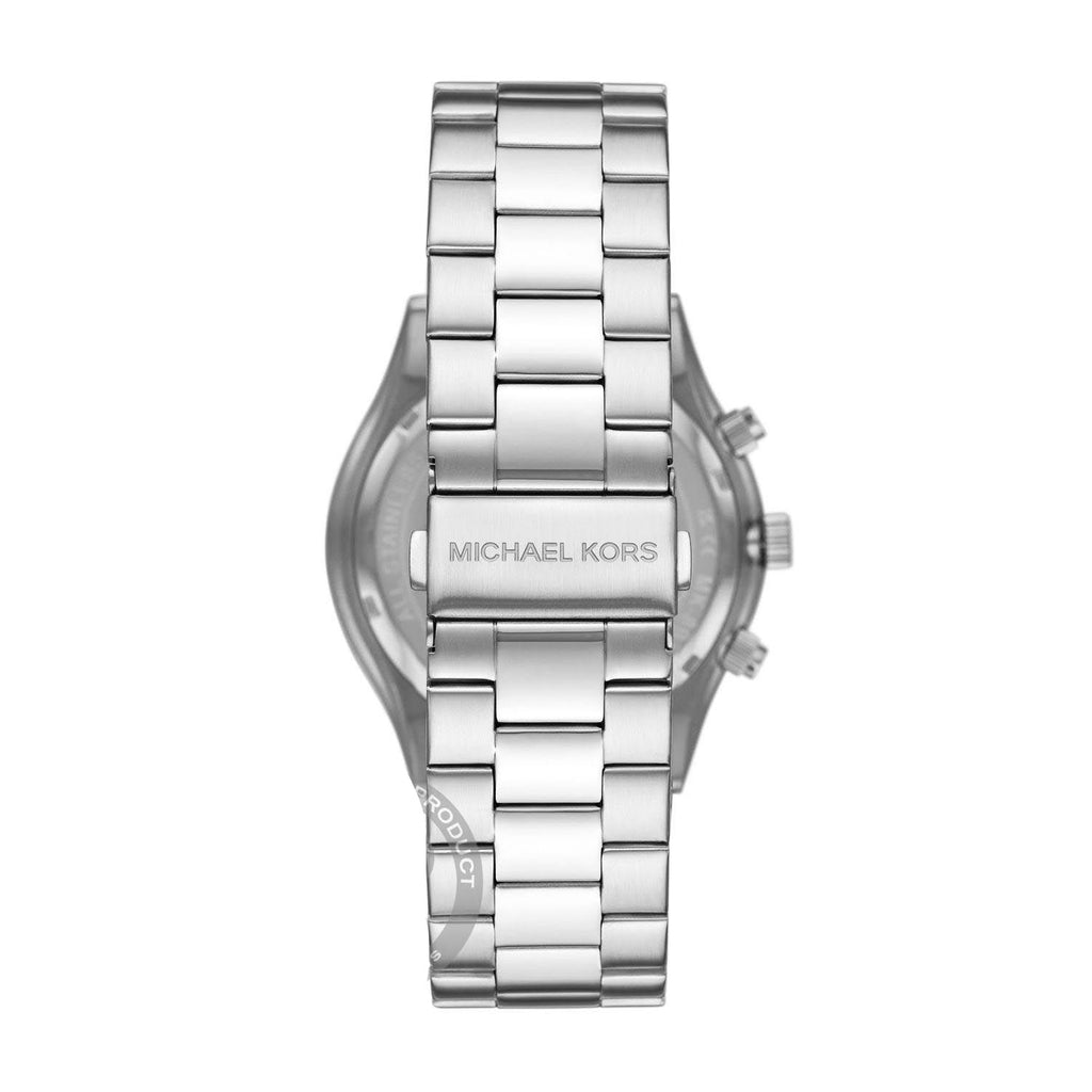 Caseback view of Michael Kors Slim Runway watch with silver-tone metal bracelet and engraved branding