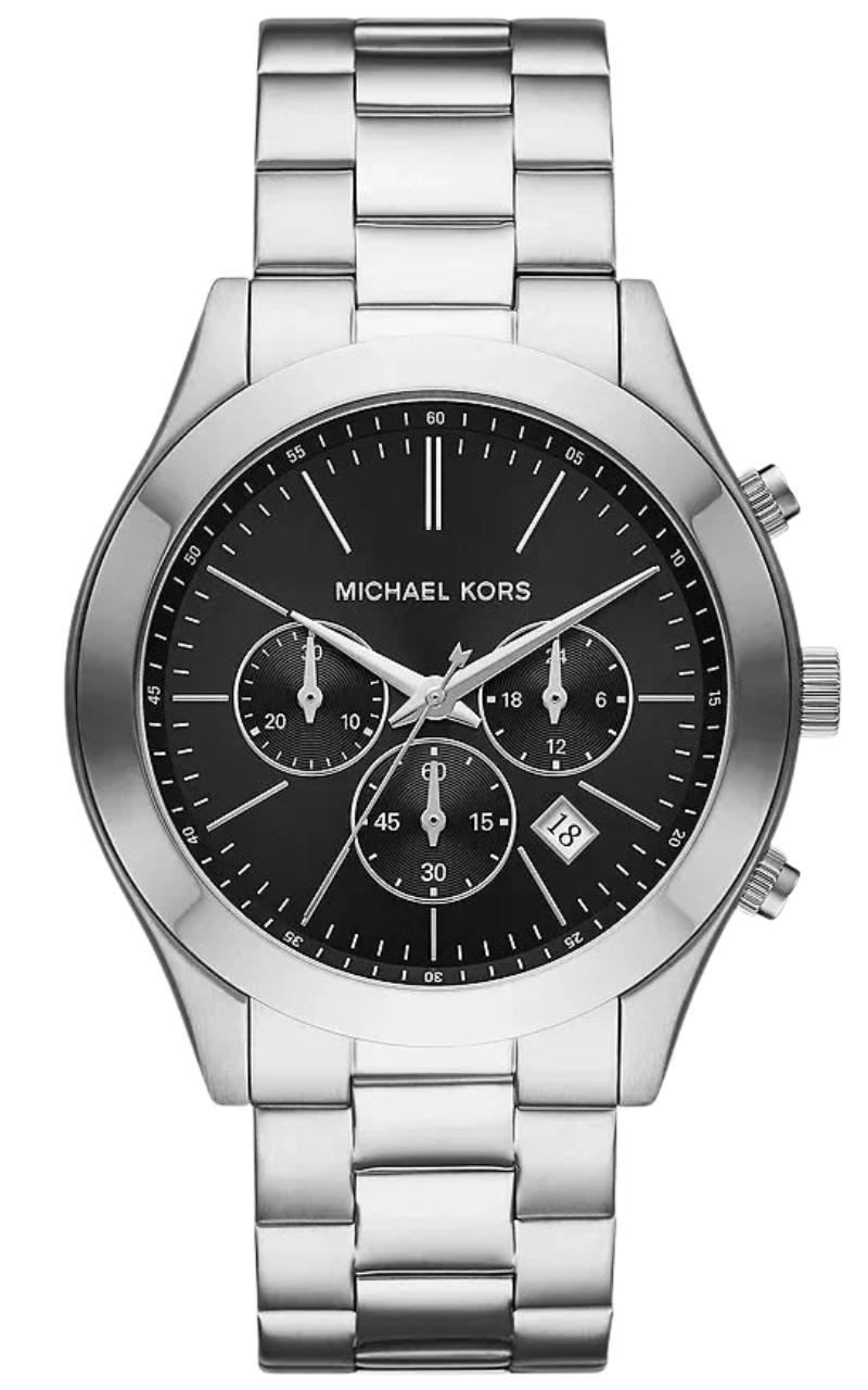 Michael Kors Slim Runway chronograph watch with silver-tone case and black dial displaying three subdials