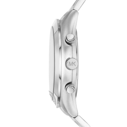Side profile of Michael Kors Slim Runway watch showing silver-tone case, crown, and chronograph pushers