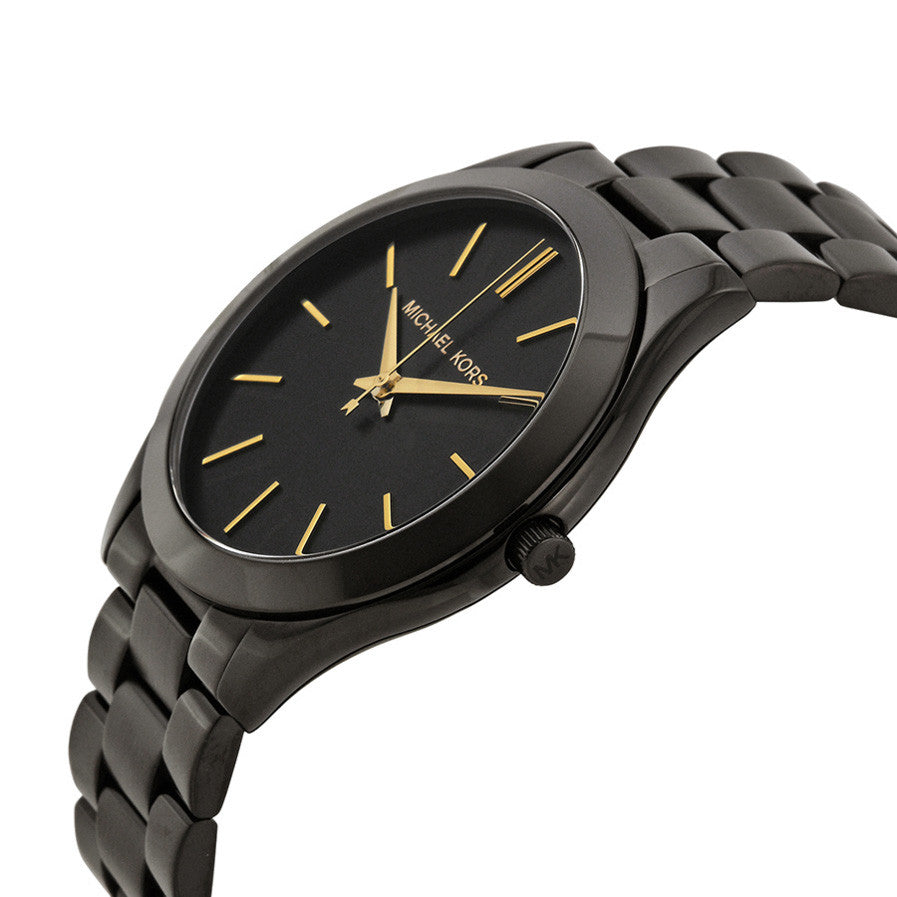 Michael Kors Slim Runway watch angled side view showing black three-link bracelet