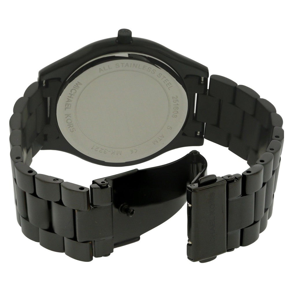 Case back of Michael Kors Slim Runway watch with stainless steel engraving