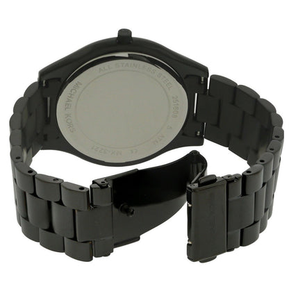 Case back of Michael Kors Slim Runway watch with stainless steel engraving