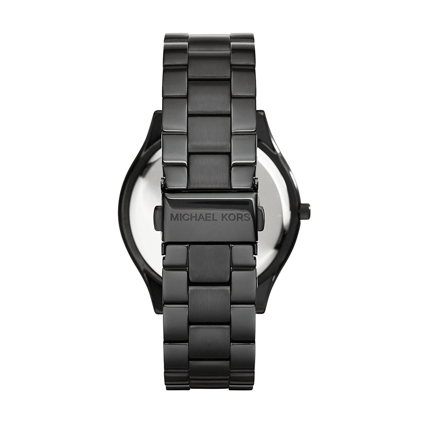 Michael Kors Slim Runway watch side profile showing black three-link metal bracelet