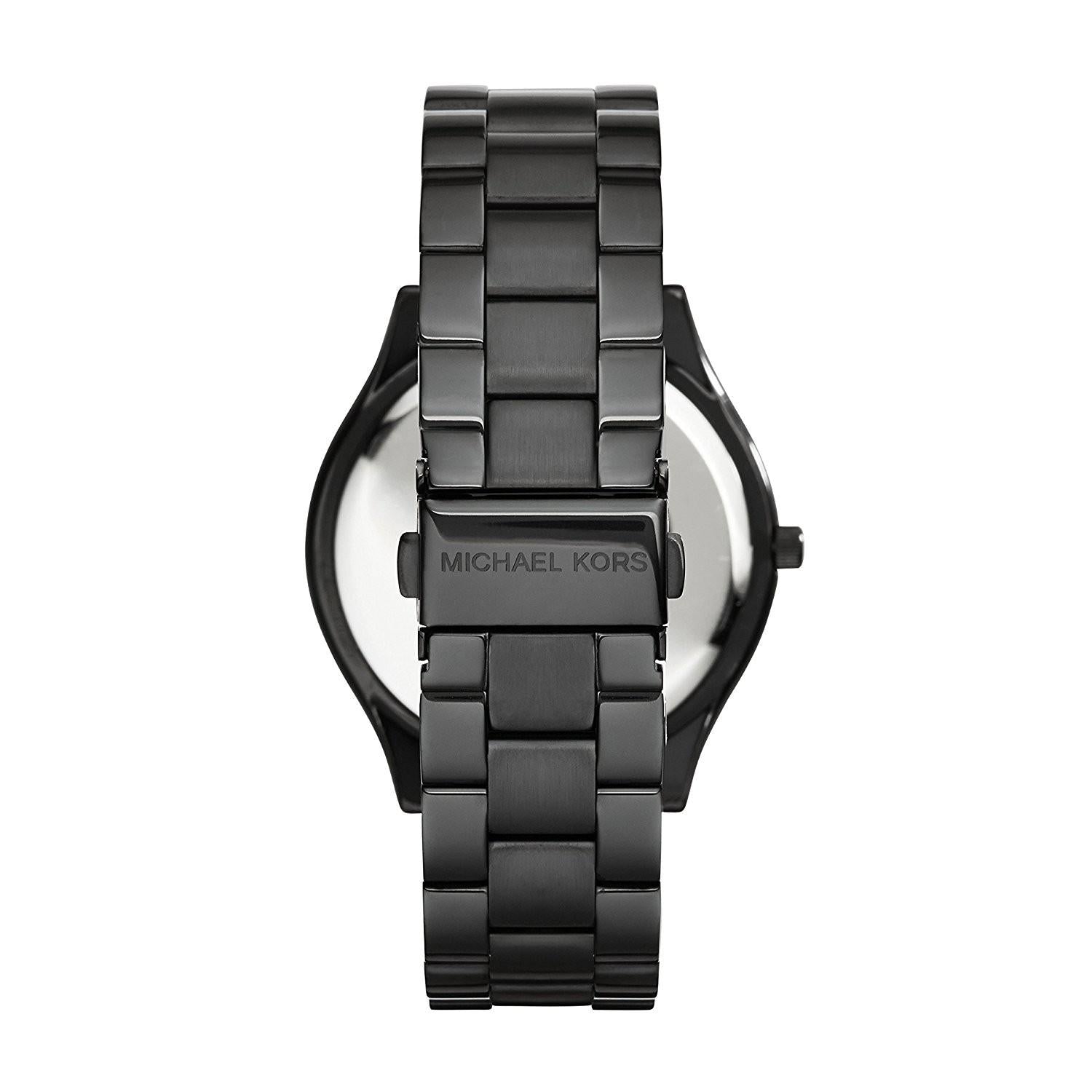 Michael Kors Slim Runway watch side profile showing black three-link metal bracelet