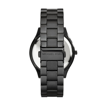 Michael Kors Slim Runway watch side profile showing black three-link metal bracelet