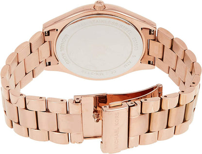 Rose gold-tone bracelet and caseback of Michael Kors Slim Runway MK3293 watch