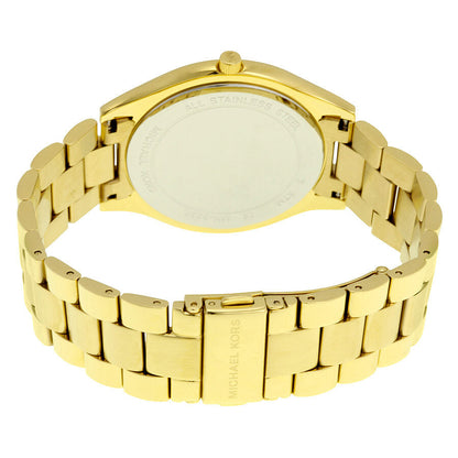 Reverse side of Michael Kors Slim Runway gold watch showing fold-over clasp and bracelet