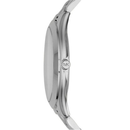Side view of Michael Kors Slim Runway watch showing thin silver case profile