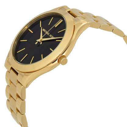 Michael Kors Slim Runway MK3478 angled view showing gold-tone bracelet and black dial