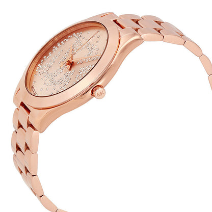 Michael Kors Slim Runway MK3591 side angle view with rose gold case and link bracelet