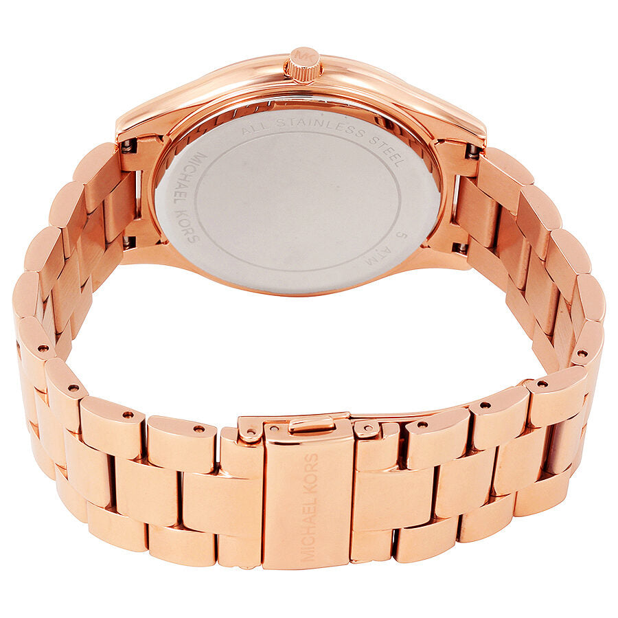 Michael Kors Slim Runway MK3591 caseback showing rose gold-tone stainless steel and bracelet