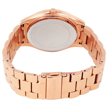 Michael Kors Slim Runway MK3591 caseback showing rose gold-tone stainless steel and bracelet