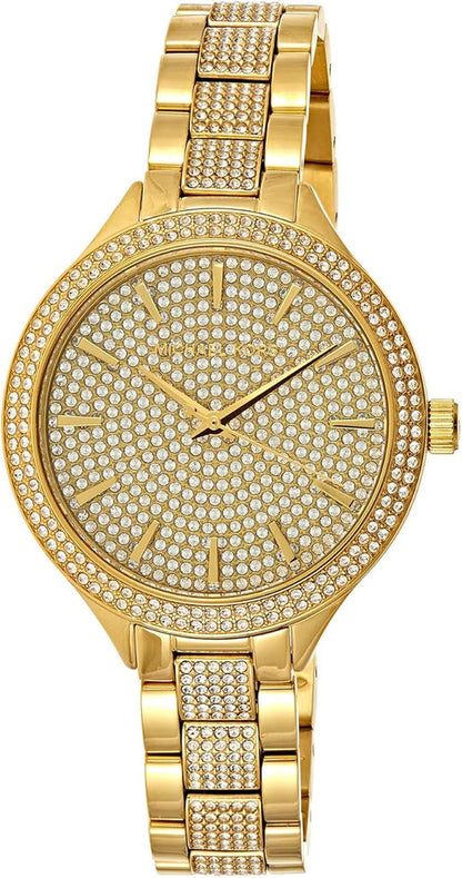Michael Kors Slim Runway gold-tone women's watch with pavé crystal dial and matching bracelet