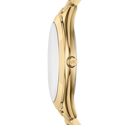 Side profile showing slim gold-tone case with curved lugs and bracelet