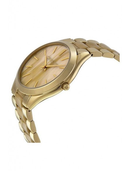 Michael Kors Slim Runway watch angled side view showing gold-tone case and bracelet