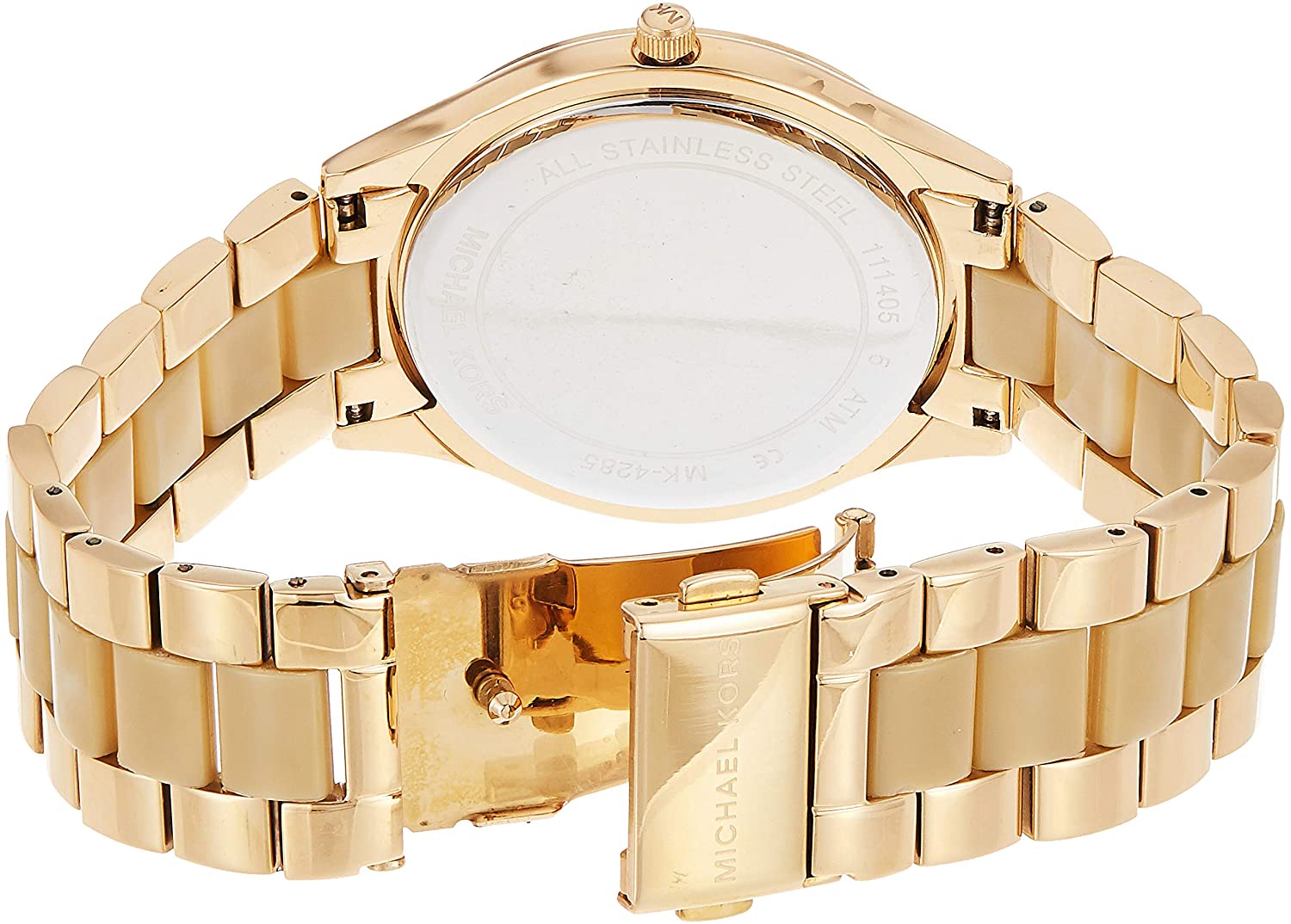 Michael Kors Slim Runway watch caseback showing gold-tone stainless steel bracelet