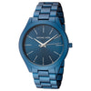 Michael Kors Slim Runway navy blue watch with minimalist dial and blue metal bracelet