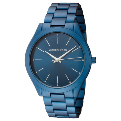 Michael Kors Slim Runway navy blue watch with minimalist dial and blue metal bracelet