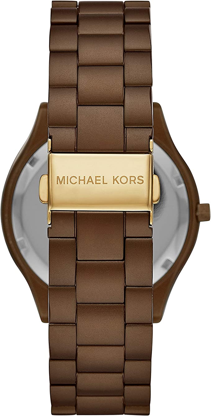 Michael Kors Slim Runway brown watch caseback with gold brand plate and link bracelet
