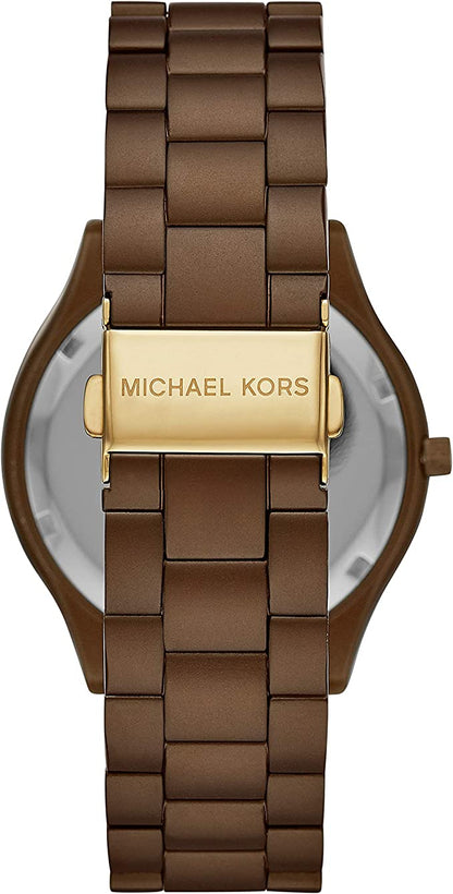 Michael Kors Slim Runway brown watch caseback with gold brand plate and link bracelet