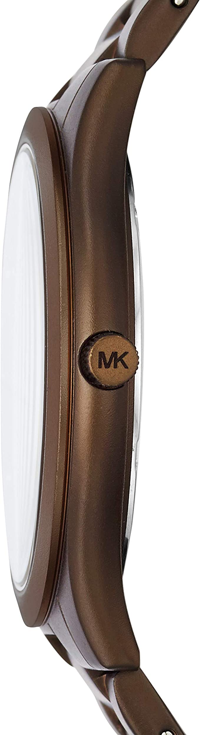 Side profile of Michael Kors Slim Runway brown watch showing case thickness
