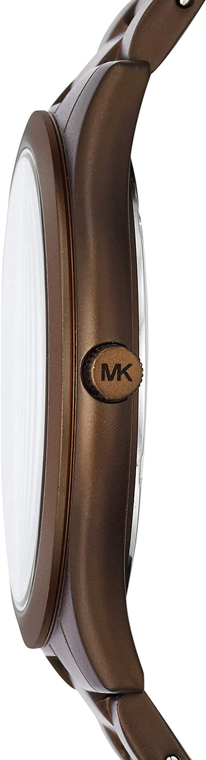 Side profile of Michael Kors Slim Runway brown watch showing case thickness