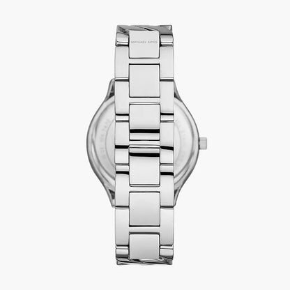 Top-down angle view of Michael Kors MK7474 silver-tone bracelet and case