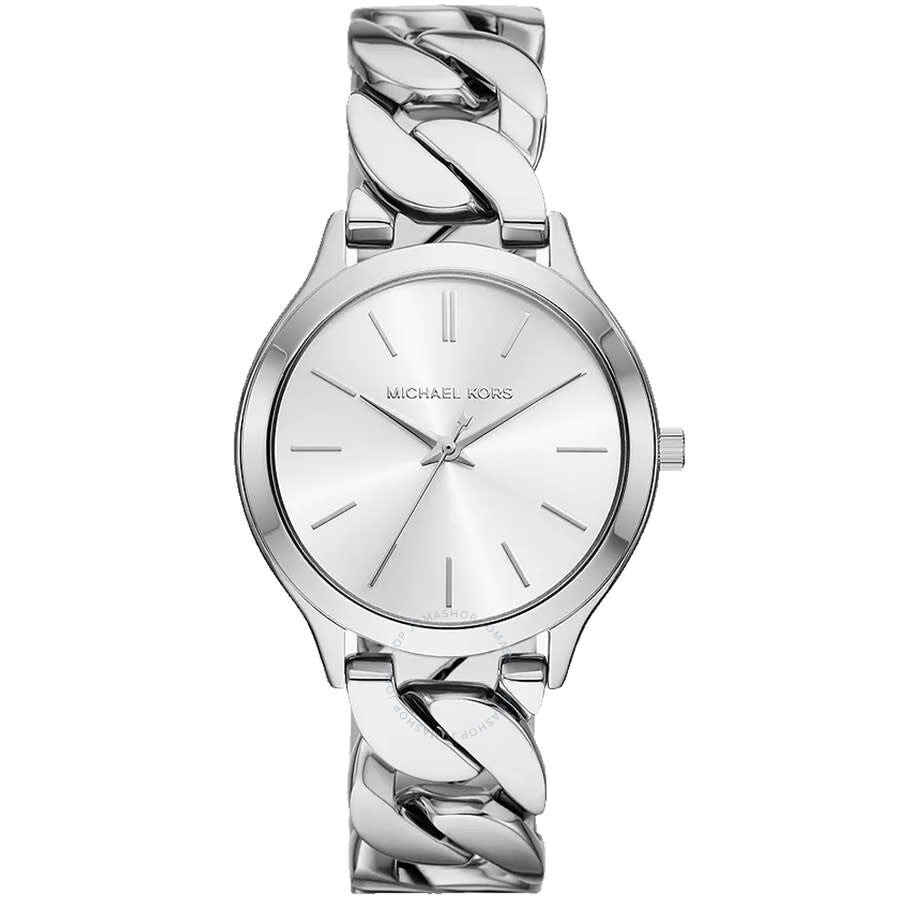 Michael Kors Slim Runway silver-tone women's watch with white dial and chain-link bracelet