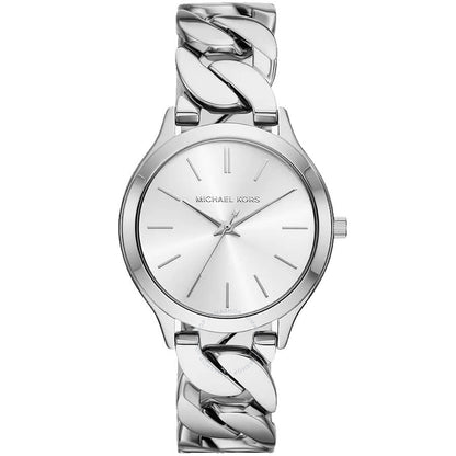 Michael Kors Slim Runway silver-tone women's watch with white dial and chain-link bracelet