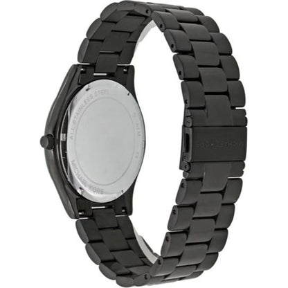 Caseback view of Michael Kors Slim Runway watch with stainless steel bracelet
