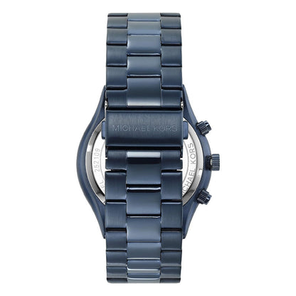 Case back of Michael Kors Slim Runway MK8918 blue steel watch with Michael Kors branding
