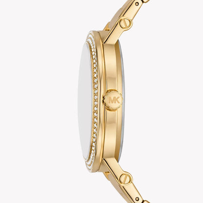 Side profile of Michael Kors Slim Runway watch showing gold case and crystal bezel