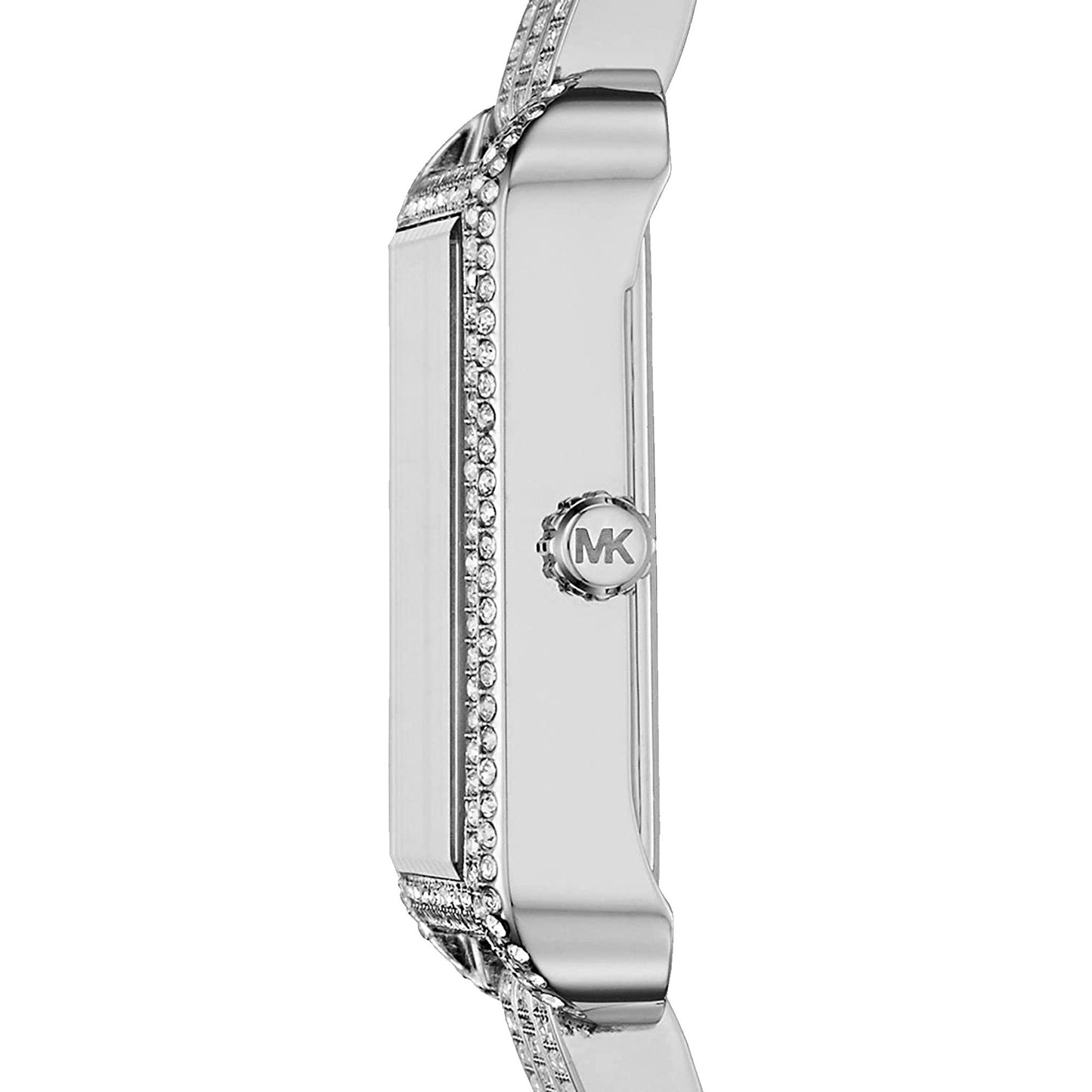 Side view of Michael Kors Square Lake watch showing silver-tone case profile and MK charm detail