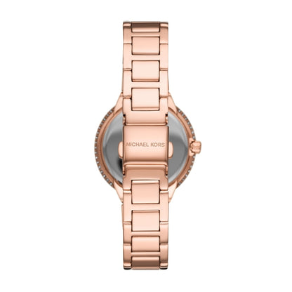 Case back of Michael Kors Taryn watch with rose gold link bracelet
